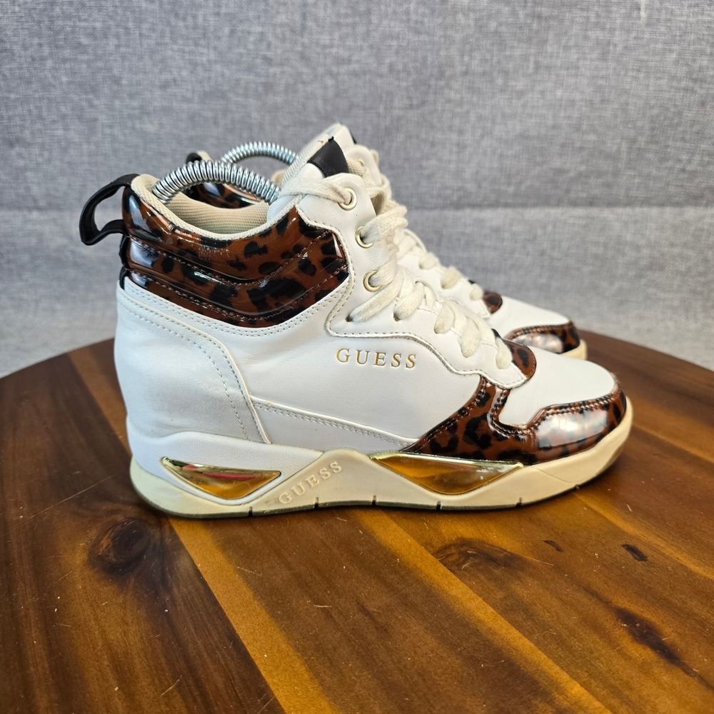 Guess GWDENSE Womens White Leopard Print Hidden Wedge High Top Sneakers 6.5M